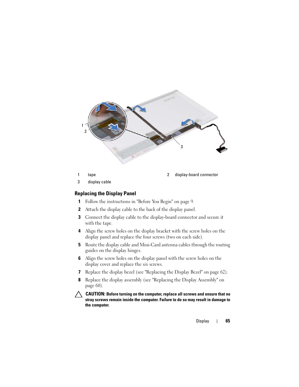 Replacing the display panel | Dell Inspiron 15 (N5040, Mid 2011) User Manual | Page 65 / 74