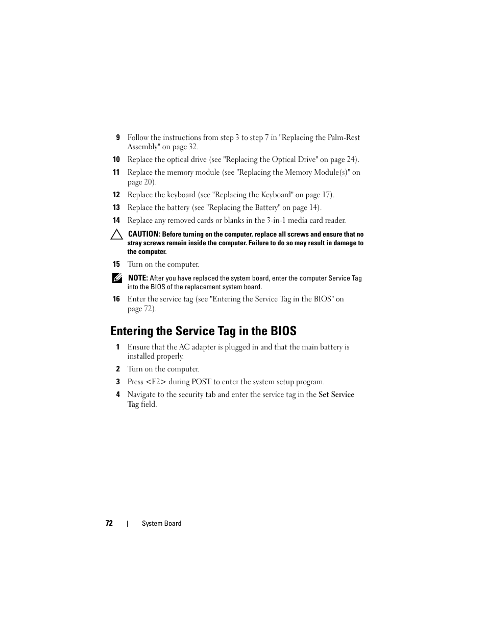 15 turn on the computer, Entering the service tag in the bios, 2 turn on the computer | Dell Inspiron 15 (N5040, Mid 2011) User Manual | Page 72 / 74