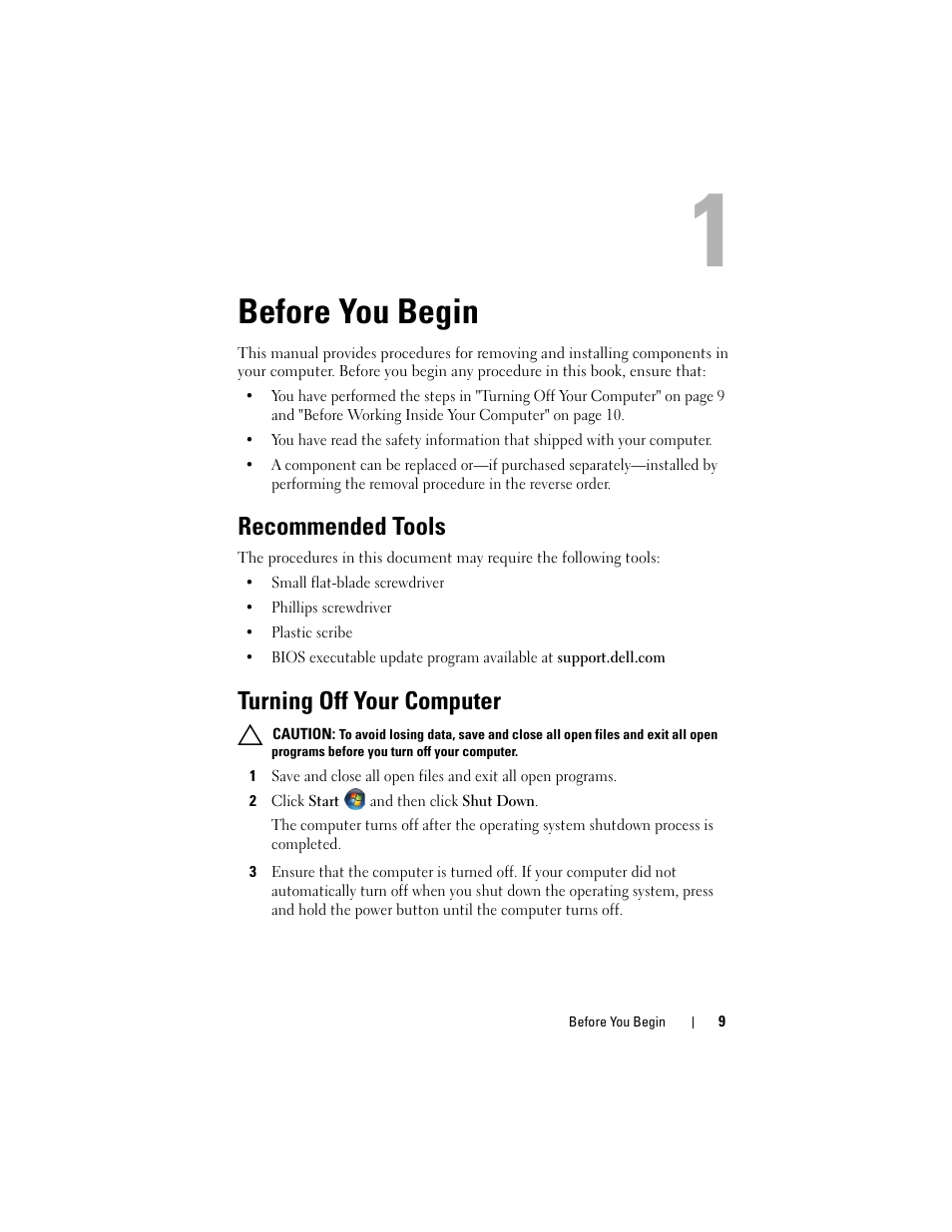 Before you begin, Recommended tools, Turning off your computer | 2 click start and then click shut down | Dell Inspiron 15 (N5040, Mid 2011) User Manual | Page 9 / 74