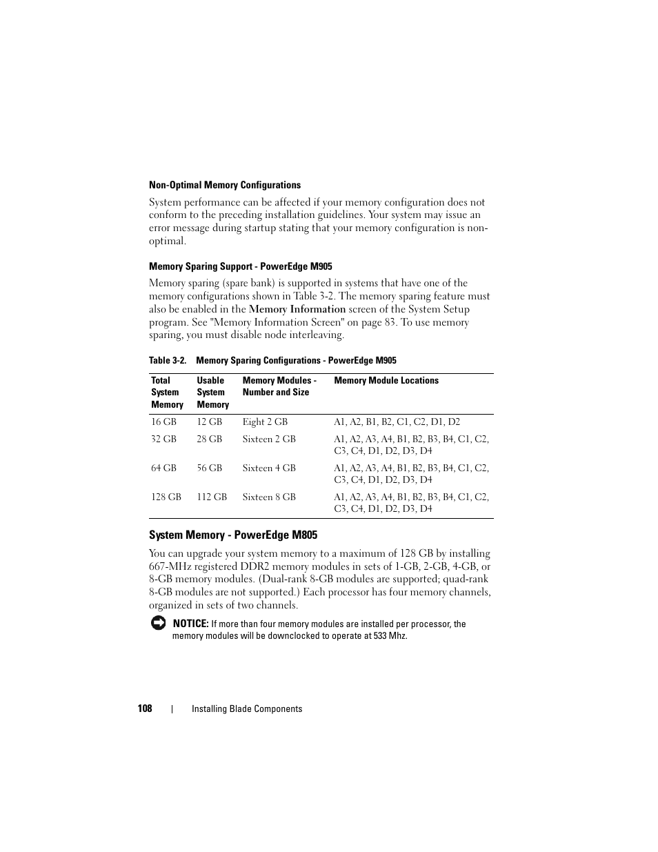 System memory - poweredge m805 | Dell PowerEdge M605 User Manual | Page 108 / 236