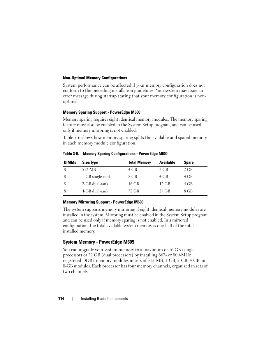 System memory - poweredge m605 | Dell PowerEdge M605 User Manual | Page 114 / 236