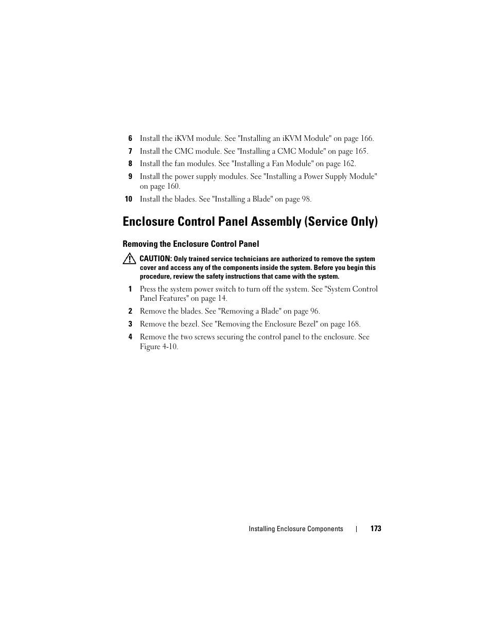 Enclosure control panel assembly (service only), Removing the enclosure control panel | Dell PowerEdge M605 User Manual | Page 173 / 236