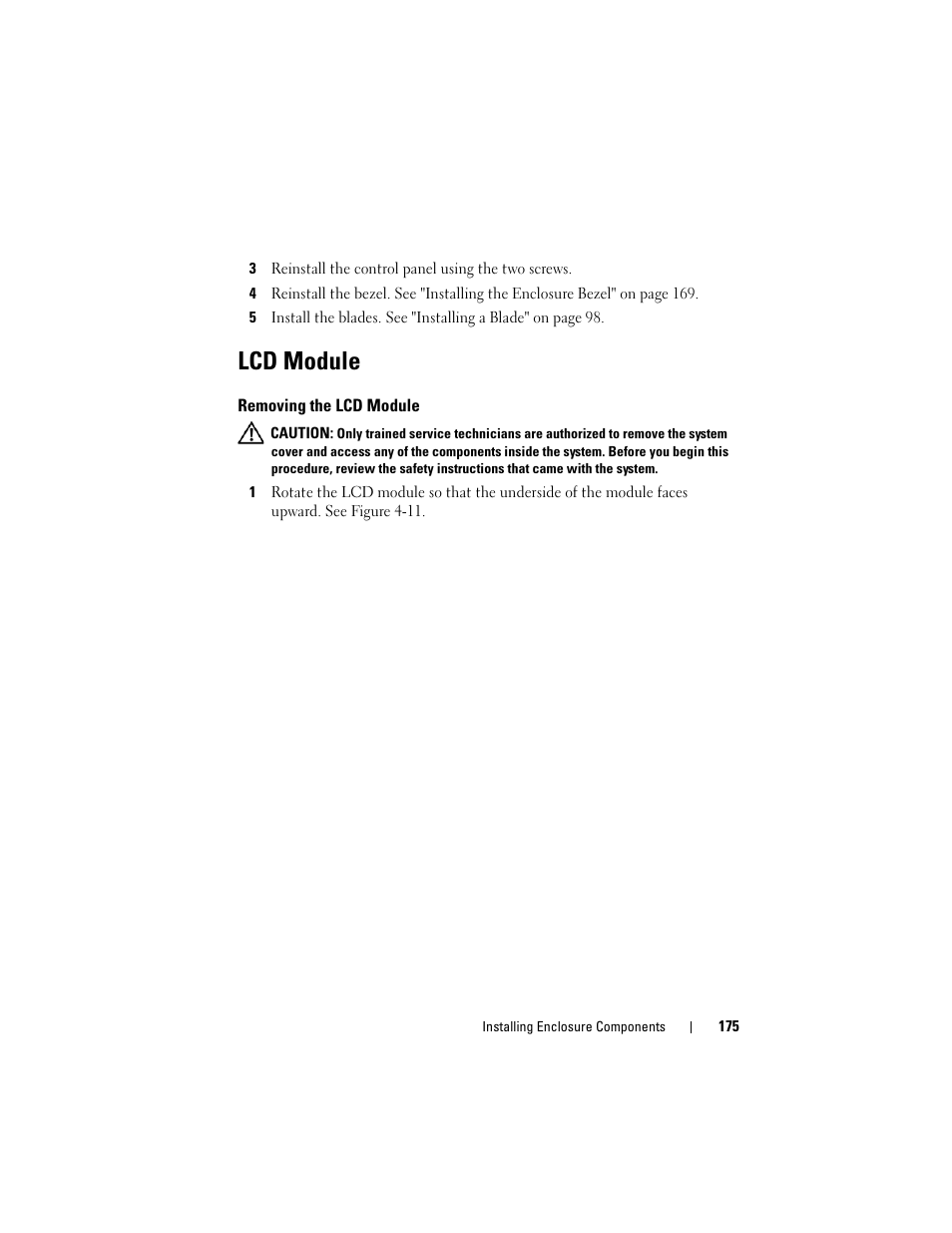 Lcd module, Removing the lcd module | Dell PowerEdge M605 User Manual | Page 175 / 236