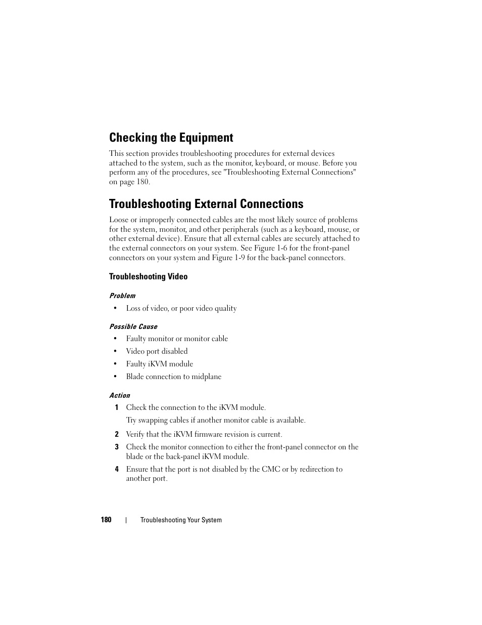 Checking the equipment, Troubleshooting external connections, Troubleshooting video | Dell PowerEdge M605 User Manual | Page 180 / 236