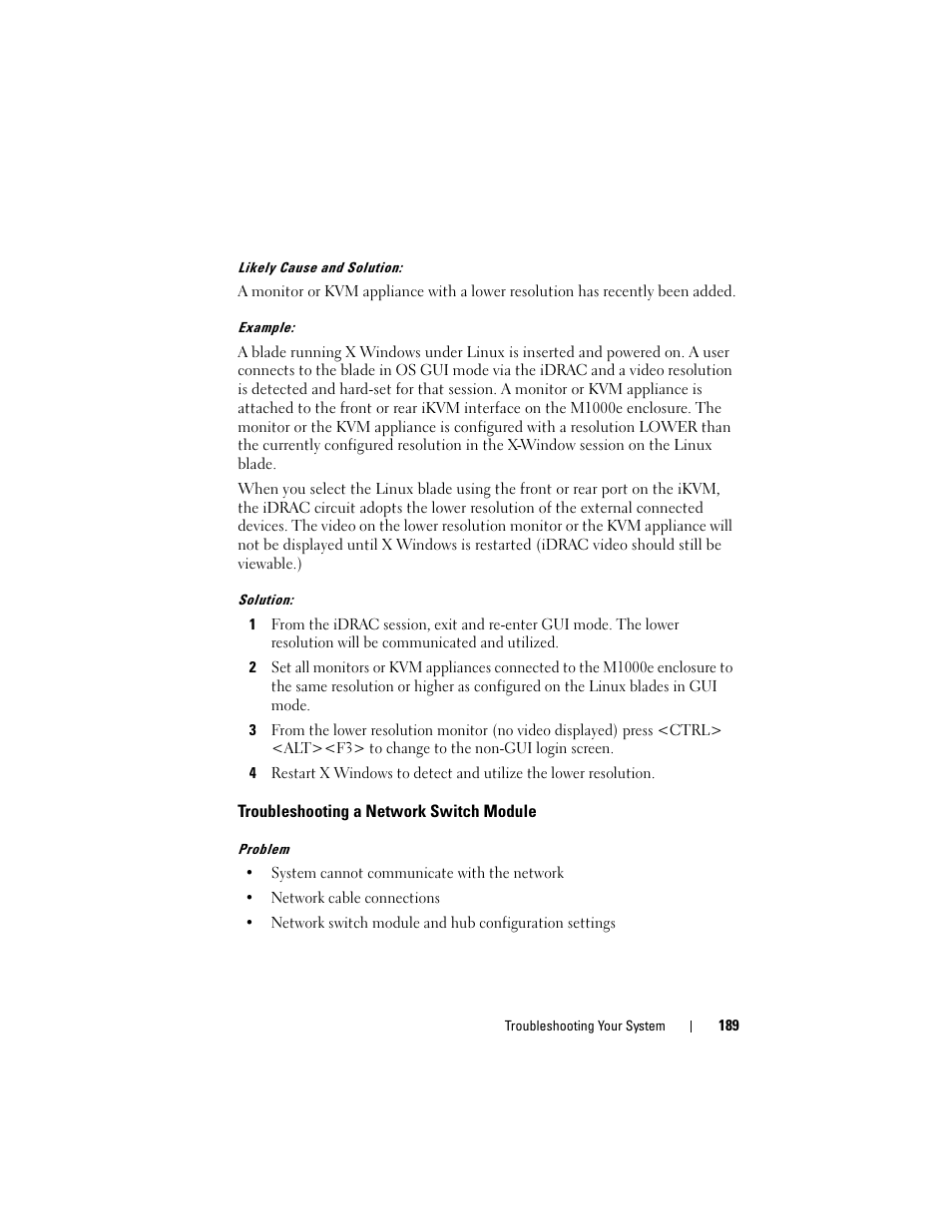 Troubleshooting a network switch module | Dell PowerEdge M605 User Manual | Page 189 / 236