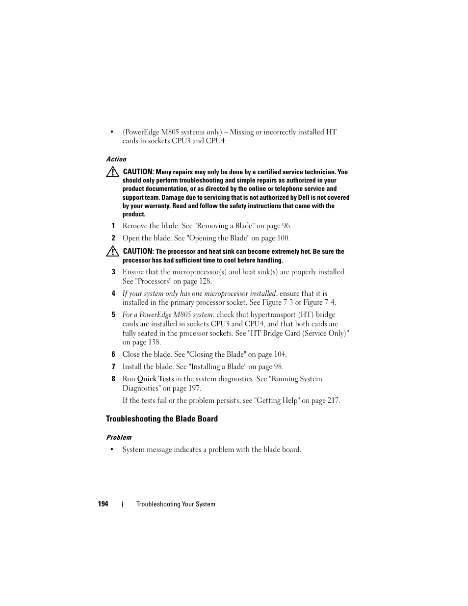 Troubleshooting the blade board | Dell PowerEdge M605 User Manual | Page 194 / 236