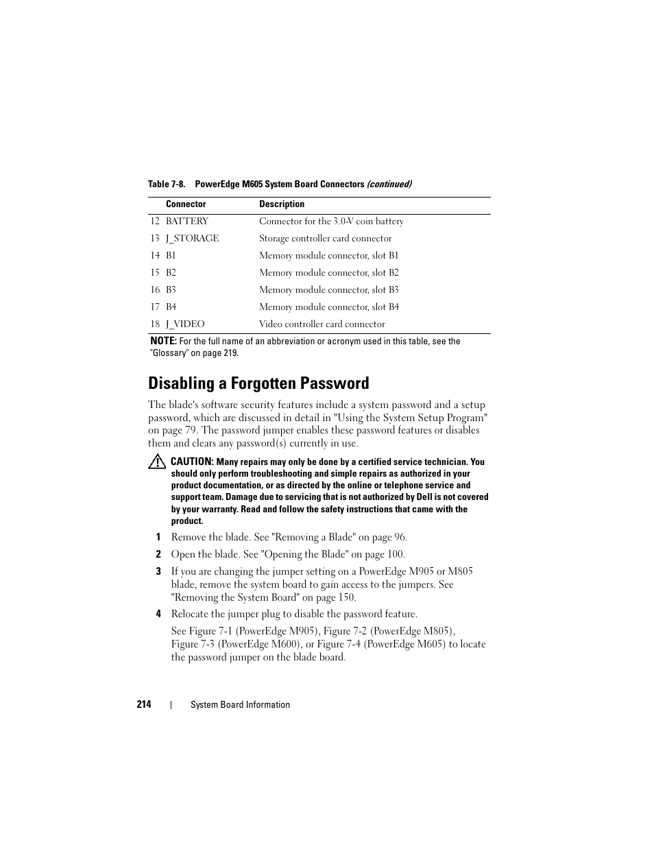 Disabling a forgotten password | Dell PowerEdge M605 User Manual | Page 214 / 236