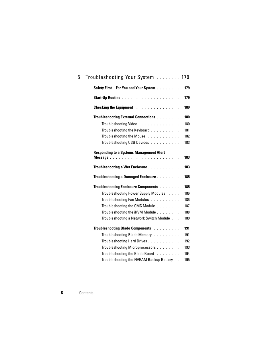 5troubleshooting your system | Dell PowerEdge M605 User Manual | Page 8 / 236