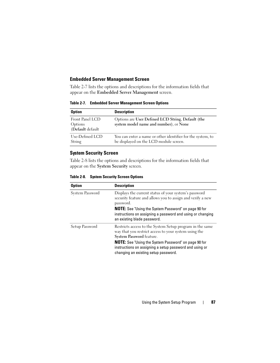 Embedded server management screen, System security screen | Dell PowerEdge M605 User Manual | Page 87 / 236