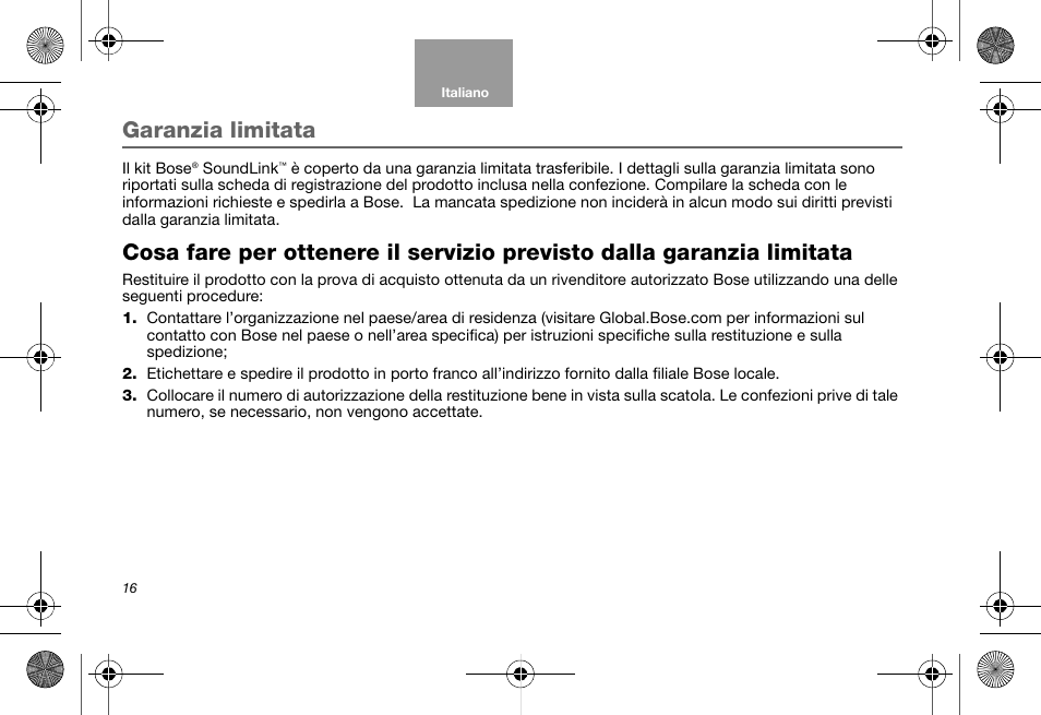 Garanzia limitata | Bose Soundlink AM323699 User Manual | Page 100 / 204