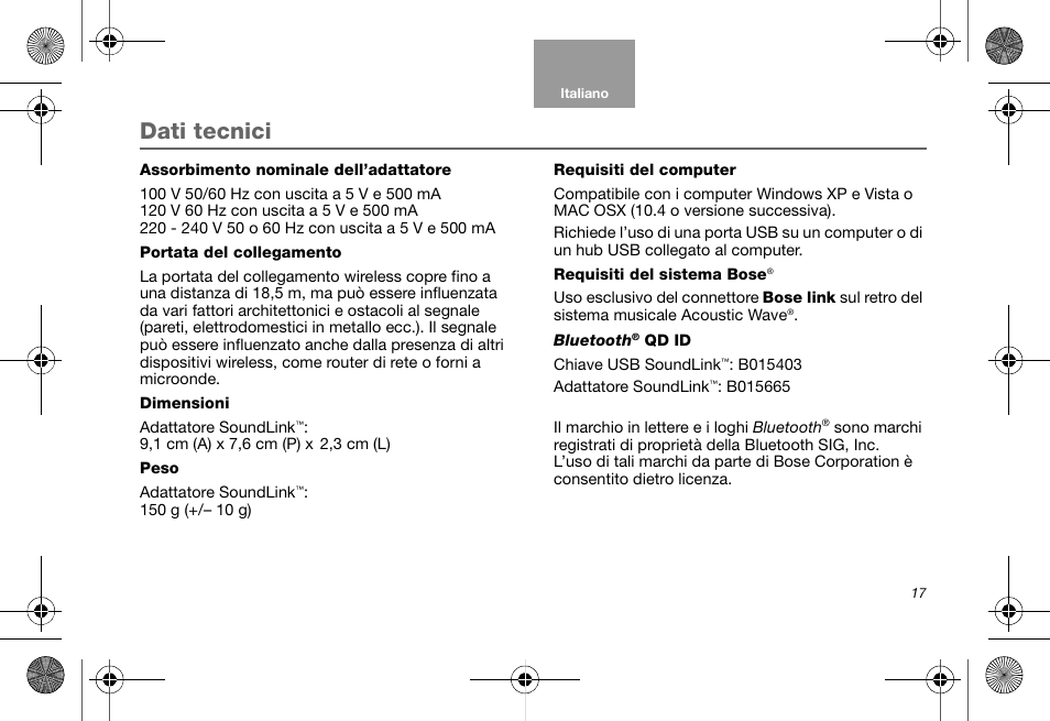 Dati tecnici | Bose Soundlink AM323699 User Manual | Page 101 / 204