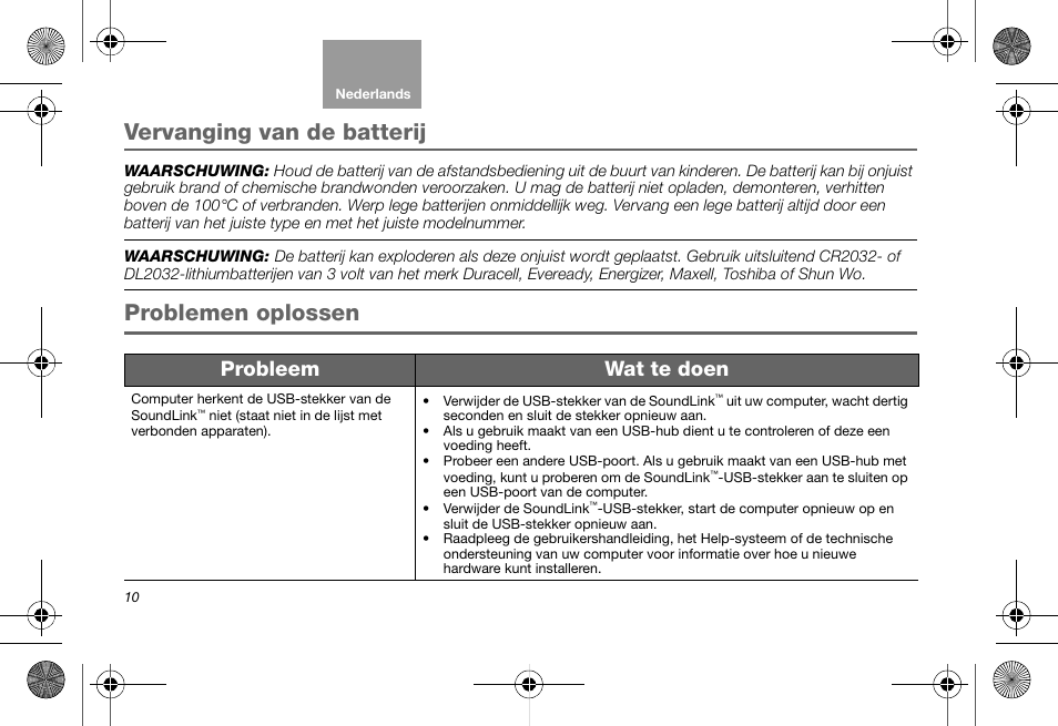 Vervanging van de batterij, Problemen oplossen, Probleem wat te doen | Bose Soundlink AM323699 User Manual | Page 114 / 204