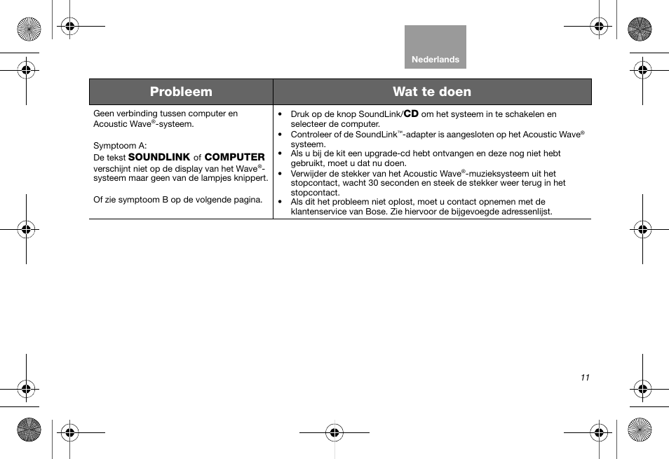 Probleem wat te doen | Bose Soundlink AM323699 User Manual | Page 115 / 204