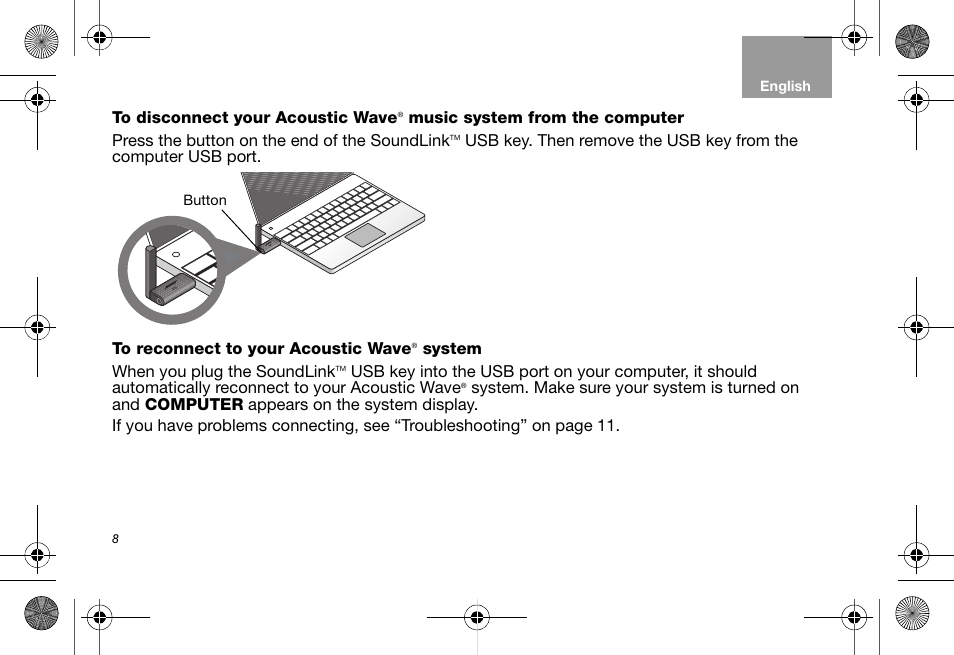 Button, To reconnect to your acoustic wave® system | Bose Soundlink AM323699 User Manual | Page 12 / 204