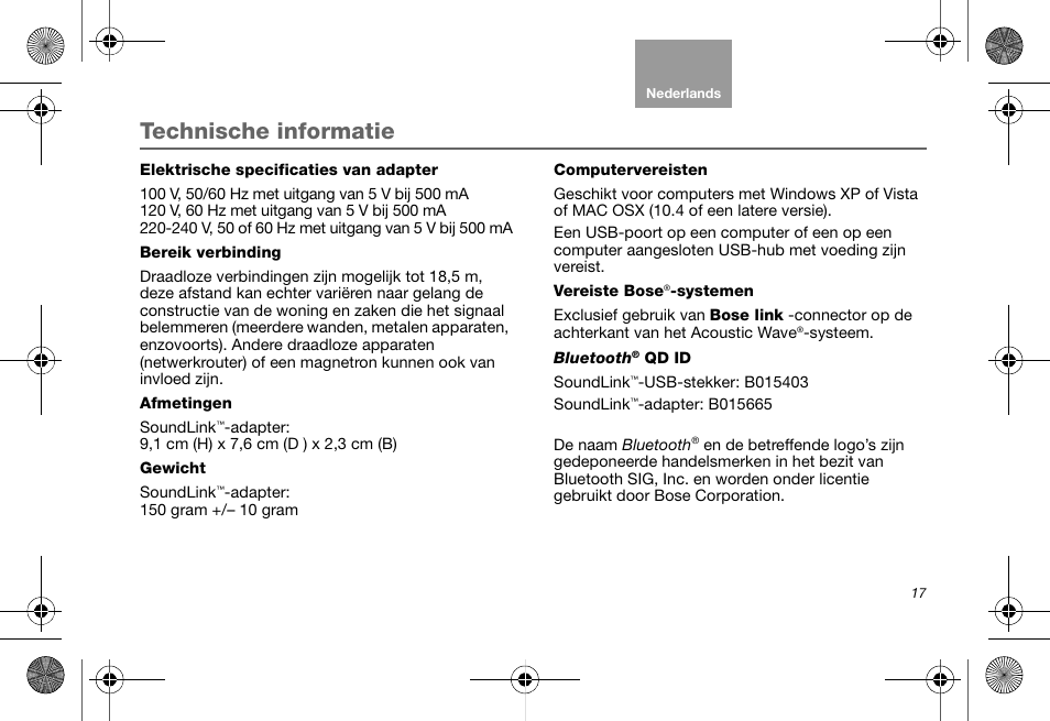 Technische informatie | Bose Soundlink AM323699 User Manual | Page 121 / 204