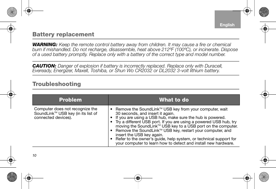 Battery replacement, Troubleshooting, Problem what to do | Bose Soundlink AM323699 User Manual | Page 14 / 204