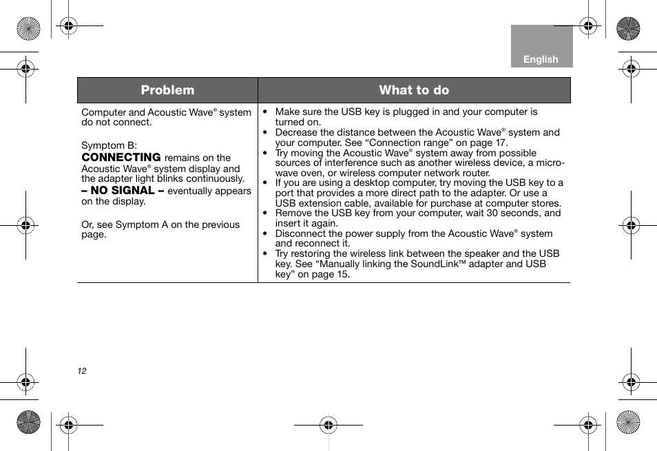 Problem what to do | Bose Soundlink AM323699 User Manual | Page 16 / 204