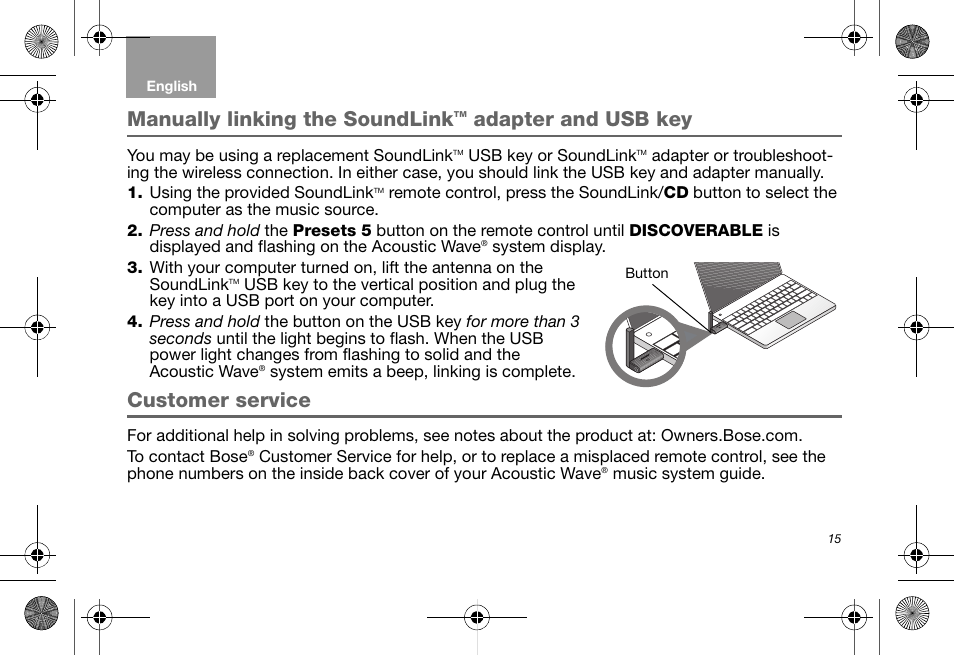 Customer service, Manually linking the soundlink, Adapter and usb key | Bose Soundlink AM323699 User Manual | Page 19 / 204