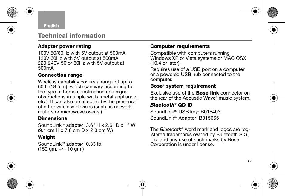 Technical information, Adapter power rating, Connection range | Dimensions, Weight, Computer requirements, Bose® system requirement, Bluetooth® qd id | Bose Soundlink AM323699 User Manual | Page 21 / 204