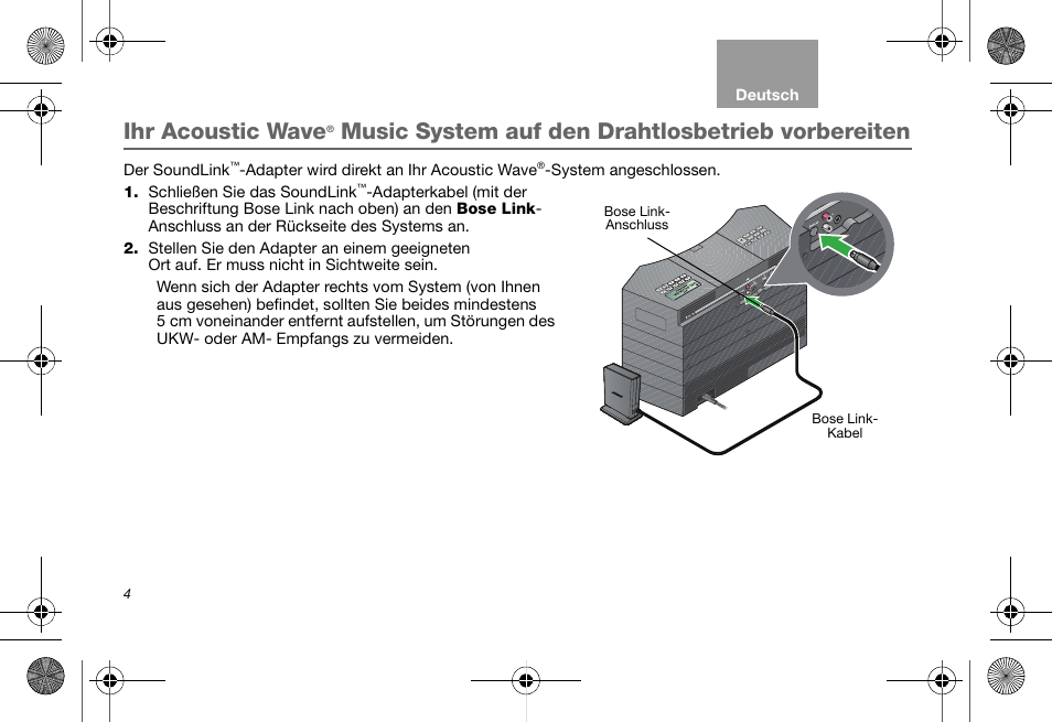 Ihr acoustic wave, Music system auf den drahtlosbetrieb vorbereiten | Bose Soundlink AM323699 User Manual | Page 28 / 204