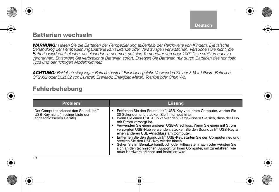 Batterien wechseln, Fehlerbehebung | Bose Soundlink AM323699 User Manual | Page 34 / 204