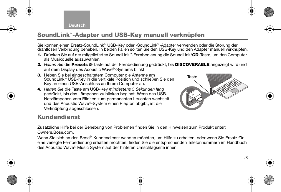 Soundlink, Adapter und usb-key manuell verknüpfen, Kundendienst | Bose Soundlink AM323699 User Manual | Page 39 / 204
