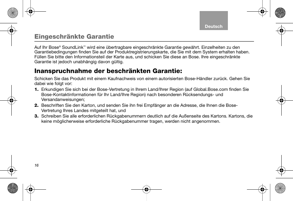 Eingeschränkte garantie, Inanspruchnahme der beschränkten garantie | Bose Soundlink AM323699 User Manual | Page 40 / 204