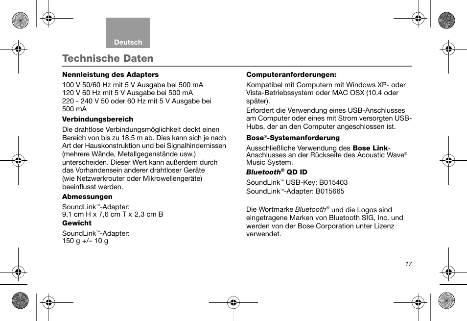 Technische daten | Bose Soundlink AM323699 User Manual | Page 41 / 204