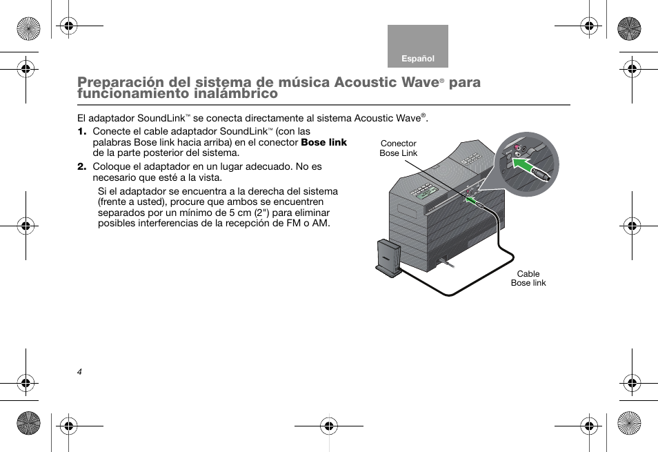 Preparación del sistema de música acoustic wave, Para funcionamiento inalámbrico | Bose Soundlink AM323699 User Manual | Page 48 / 204