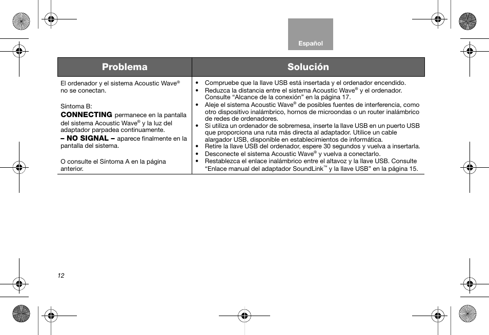 Problema solución | Bose Soundlink AM323699 User Manual | Page 56 / 204