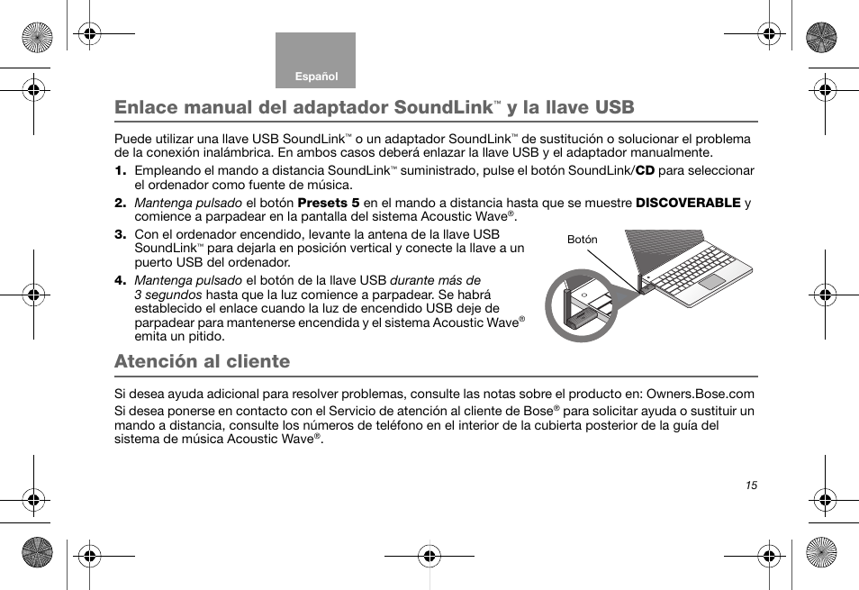 Enlace manual del adaptador soundlink, Y la llave usb, Atención al cliente | Bose Soundlink AM323699 User Manual | Page 59 / 204