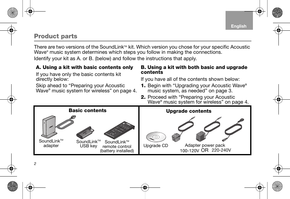 Product parts, A. using a kit with basic contents only, Soundlinktm usb key | Adapter power pack | Bose Soundlink AM323699 User Manual | Page 6 / 204