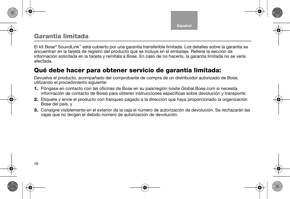 Garantía limitada | Bose Soundlink AM323699 User Manual | Page 60 / 204
