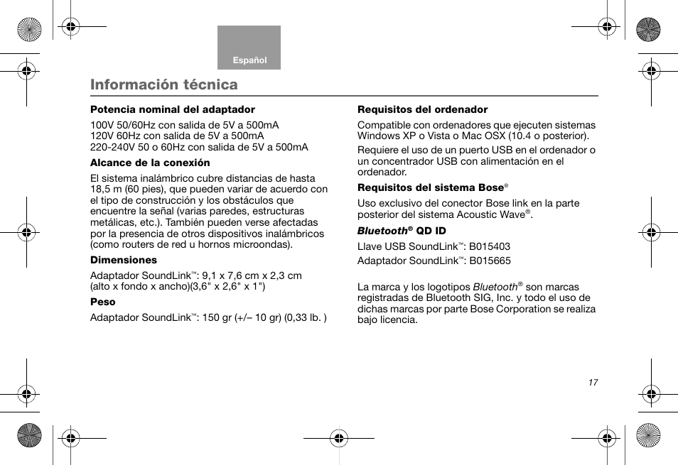 Información técnica | Bose Soundlink AM323699 User Manual | Page 61 / 204