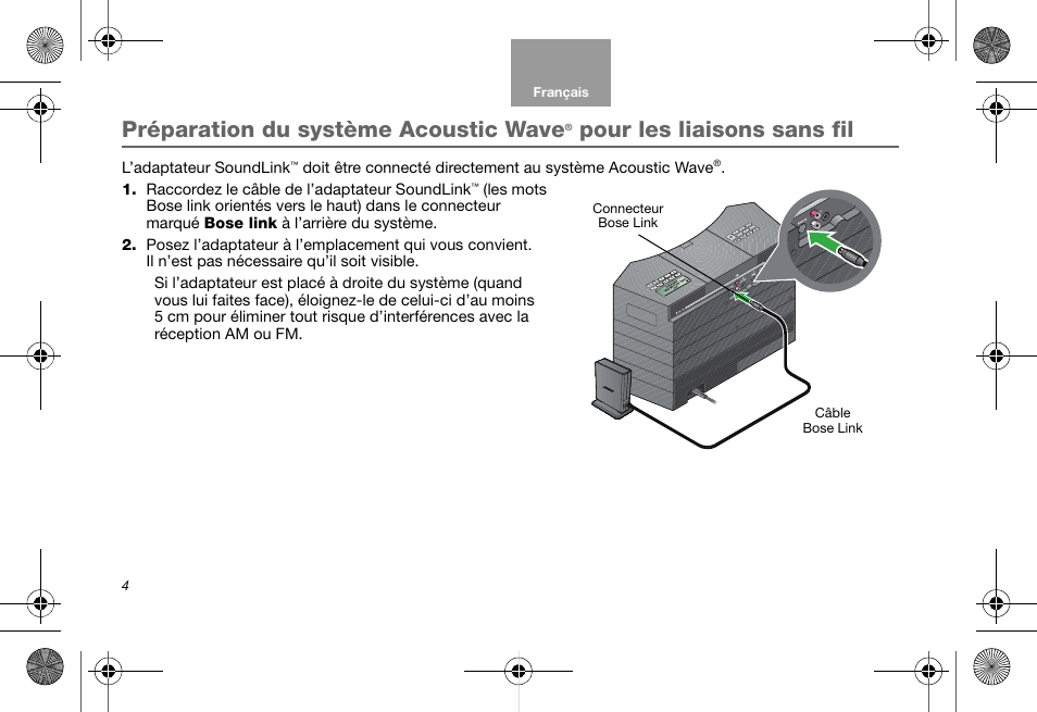 Préparation du système acoustic wave, Pour les liaisons sans fil | Bose Soundlink AM323699 User Manual | Page 68 / 204