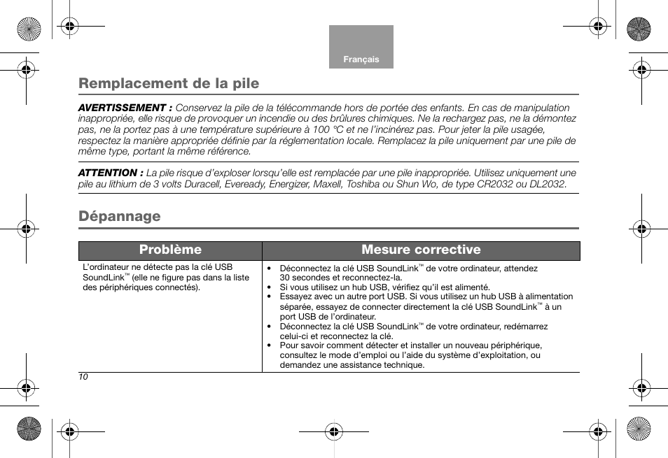 Remplacement de la pile, Dépannage, Problème mesure corrective | Bose Soundlink AM323699 User Manual | Page 74 / 204