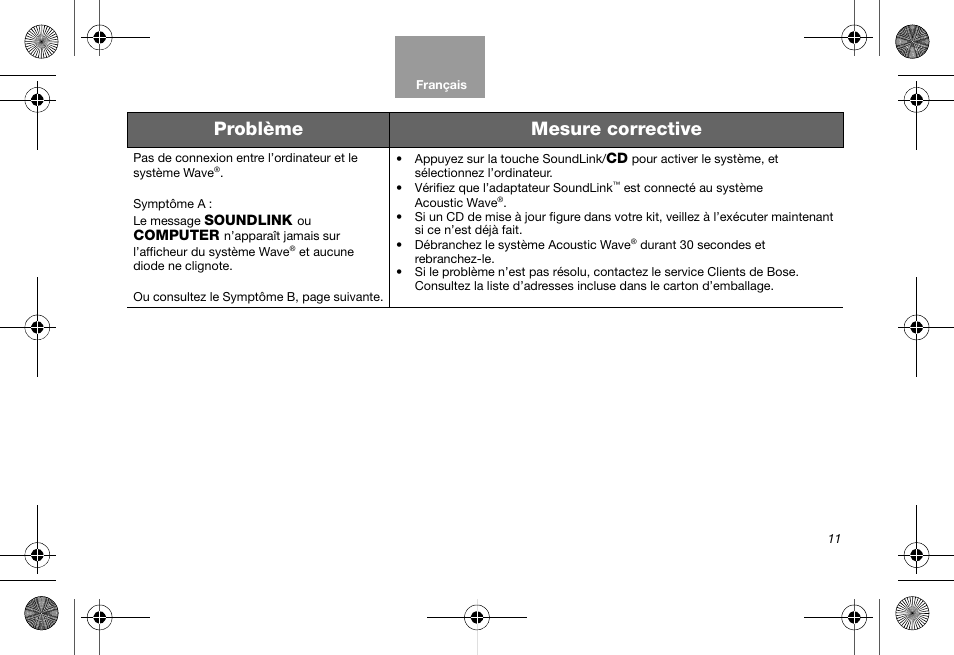Problème mesure corrective | Bose Soundlink AM323699 User Manual | Page 75 / 204