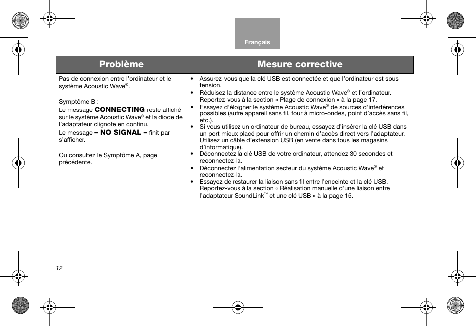 Problème mesure corrective | Bose Soundlink AM323699 User Manual | Page 76 / 204
