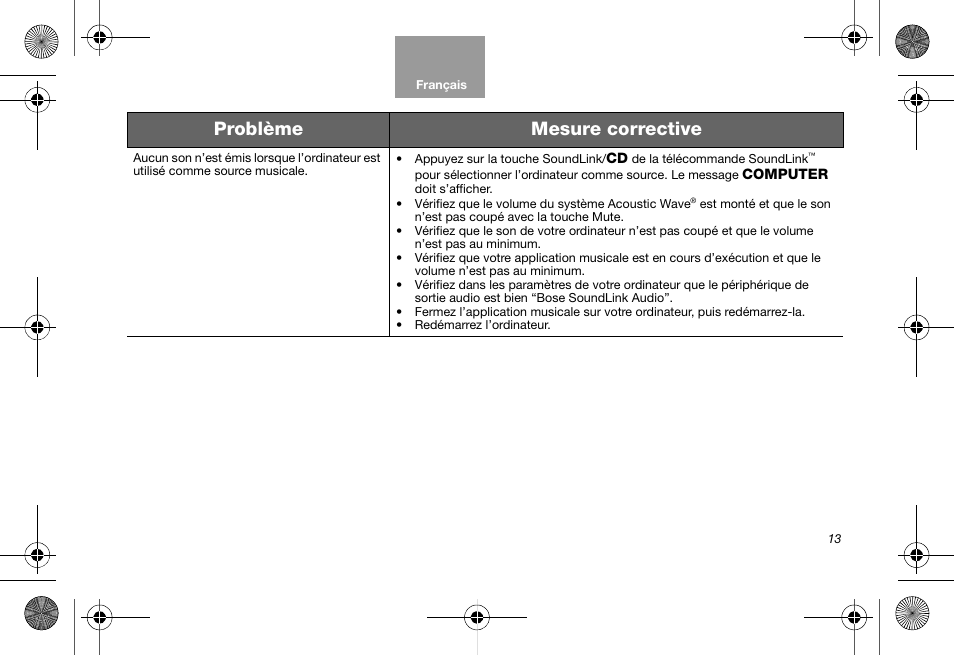 Problème mesure corrective | Bose Soundlink AM323699 User Manual | Page 77 / 204