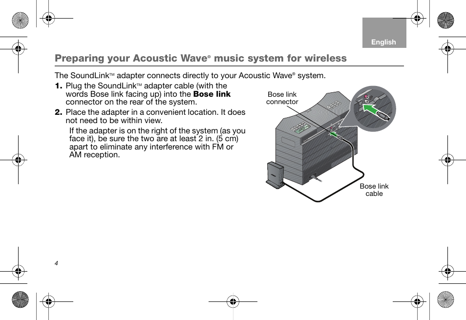 Bose link cable, Preparing your acoustic wave, Music system for wireless | Bose Soundlink AM323699 User Manual | Page 8 / 204