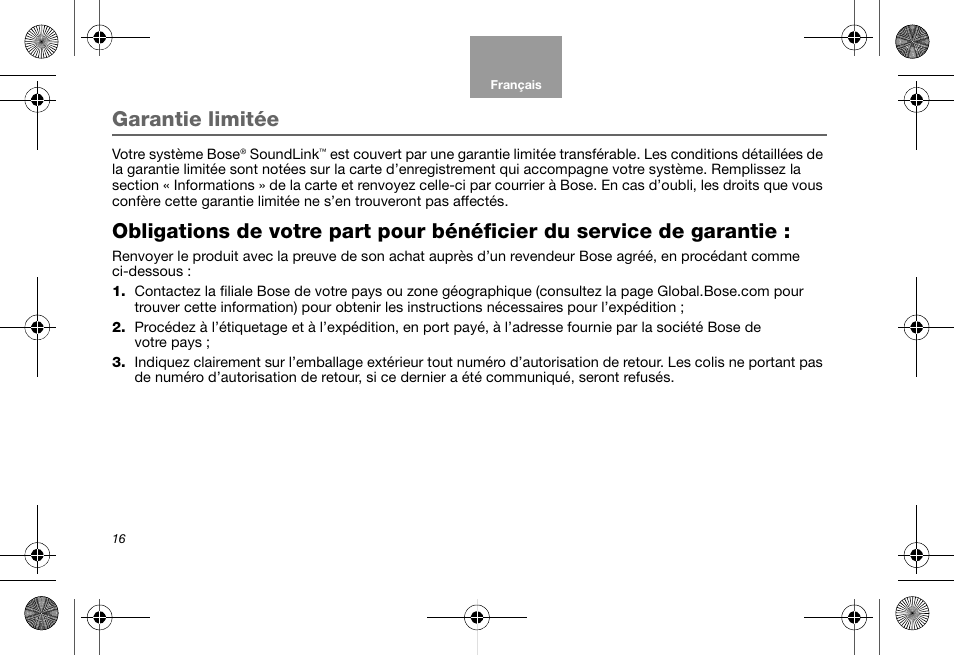 Garantie limitée | Bose Soundlink AM323699 User Manual | Page 80 / 204