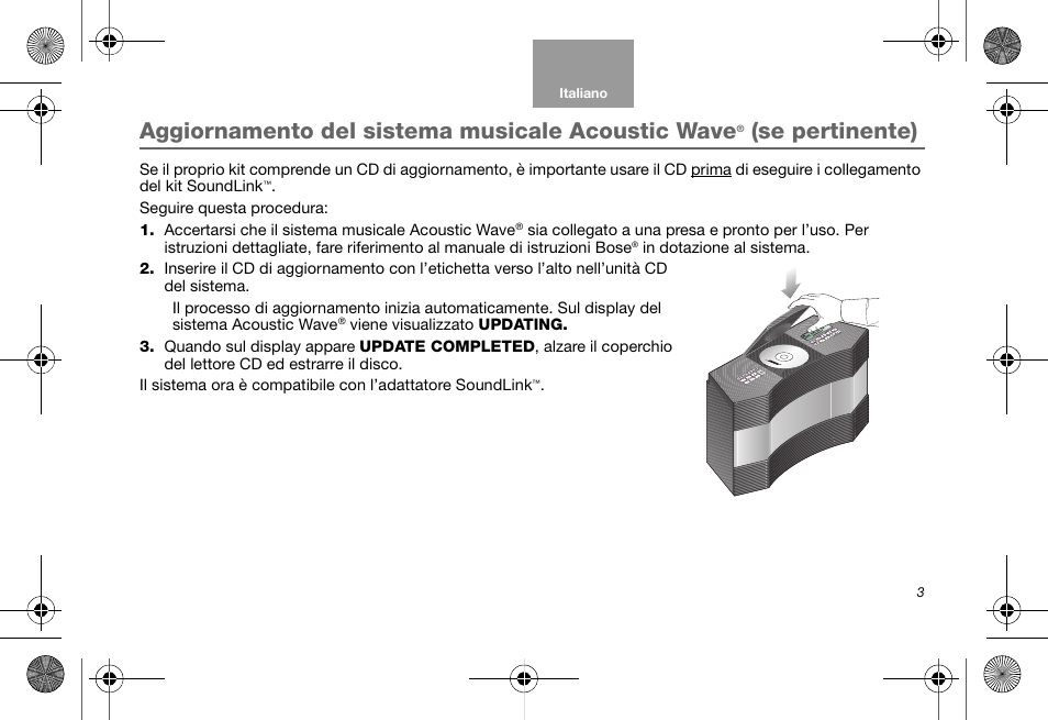 Aggiornamento del sistema musicale acoustic wave, Se pertinente) | Bose Soundlink AM323699 User Manual | Page 87 / 204