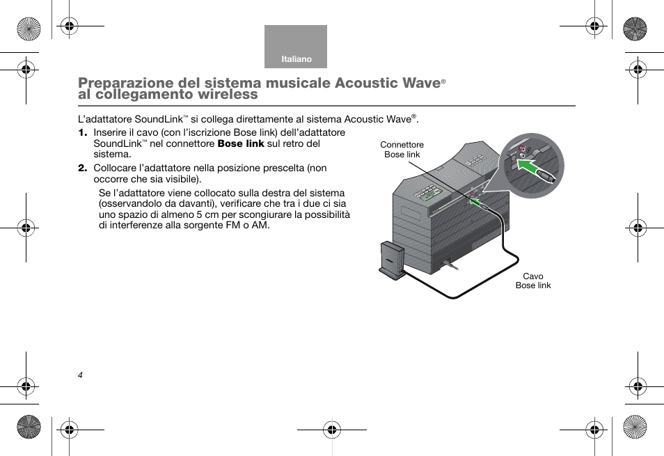 Preparazione del sistema musicale acoustic wave, Al collegamento wireless | Bose Soundlink AM323699 User Manual | Page 88 / 204