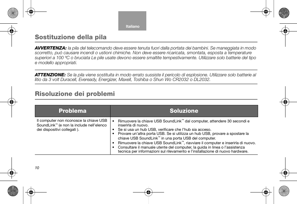 Sostituzione della pila, Risoluzione dei problemi, Problema soluzione | Bose Soundlink AM323699 User Manual | Page 94 / 204