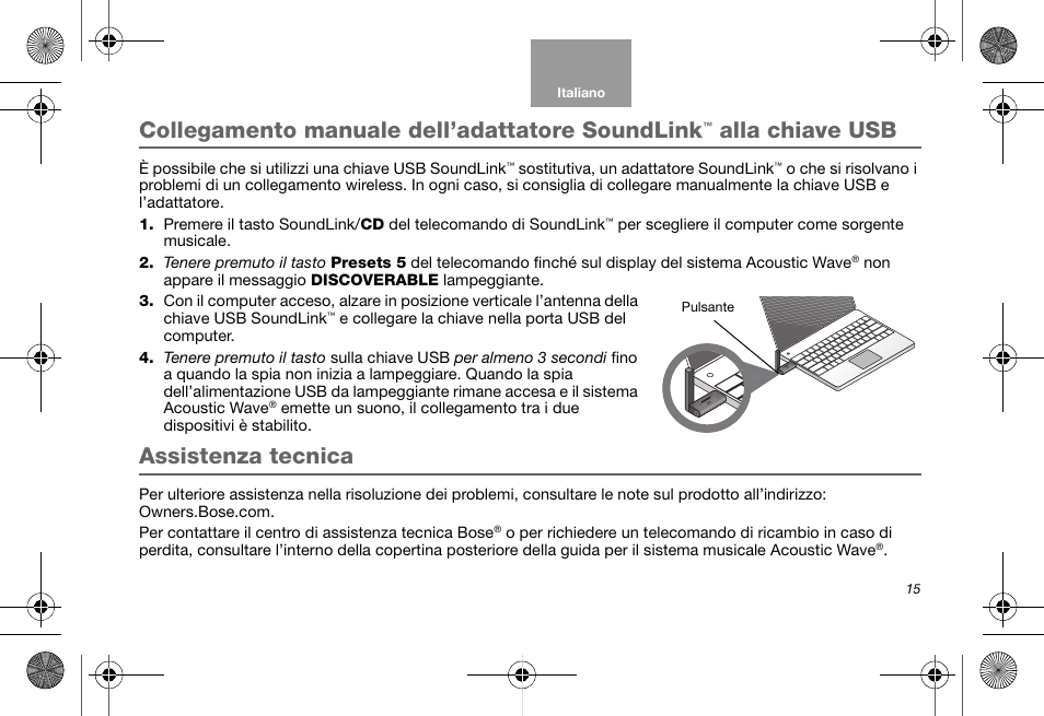 Collegamento manuale dell’adattatore soundlink, Alla chiave usb, Assistenza tecnica | Bose Soundlink AM323699 User Manual | Page 99 / 204