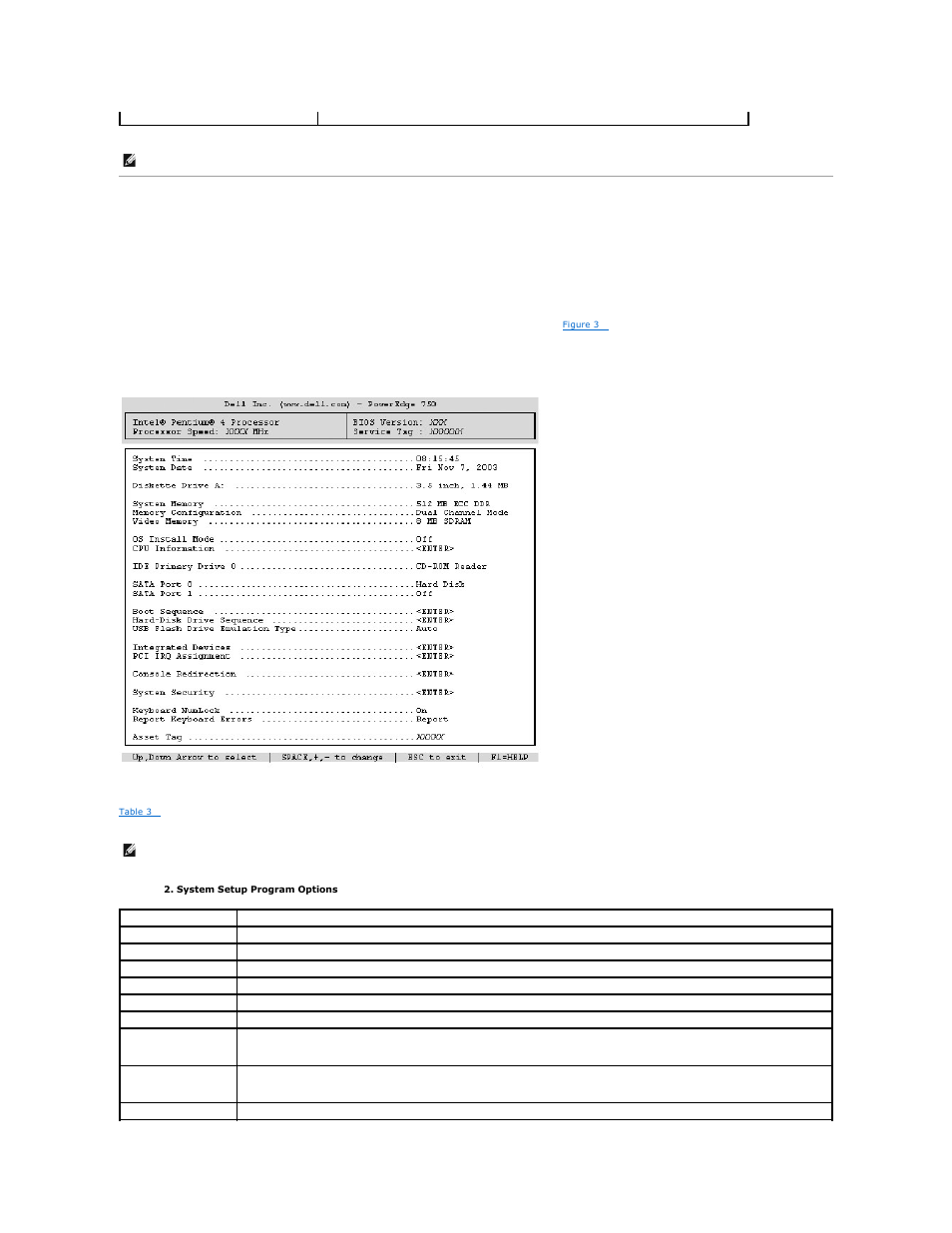 System setup options, Main screen | Dell PowerEdge 750 User Manual | Page 15 / 34