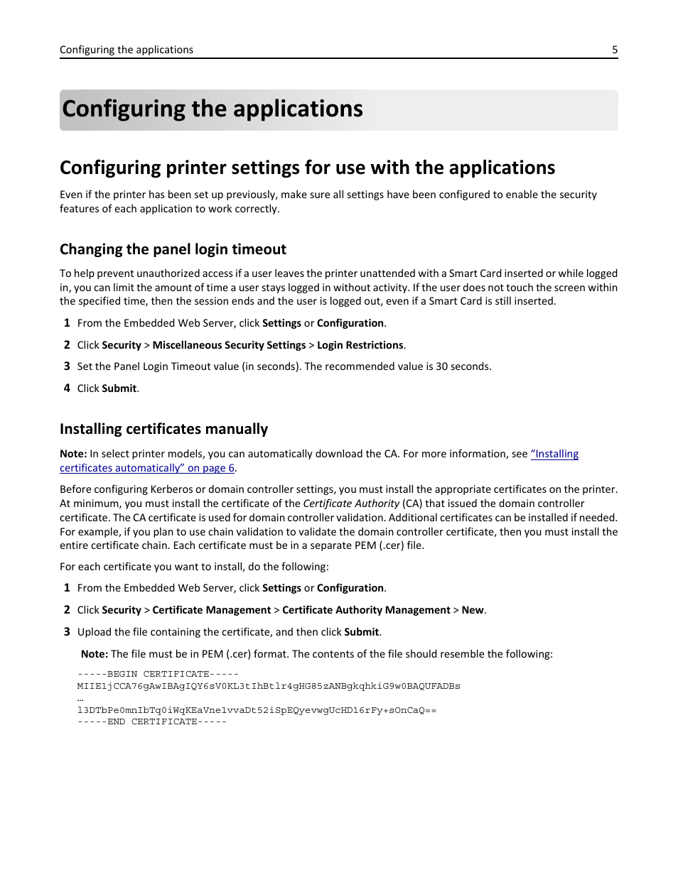 Configuring the applications, Changing the panel login timeout, Installing certificates manually | Dell B5465dnf Mono Laser Printer MFP User Manual | Page 5 / 52