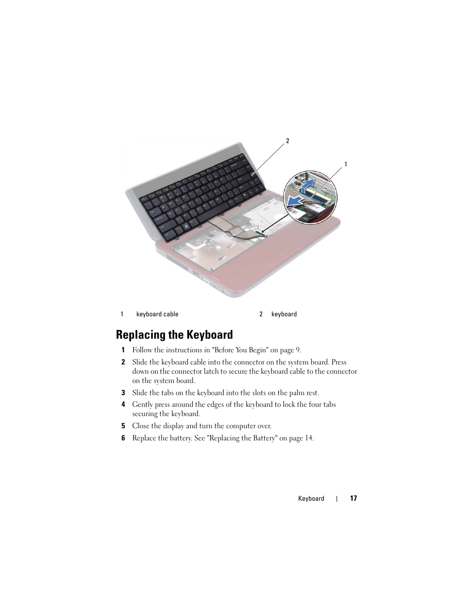 Replacing the keyboard, 5 close the display and turn the computer over | Dell Inspiron 14 (3420, Mid 2012) User Manual | Page 17 / 78