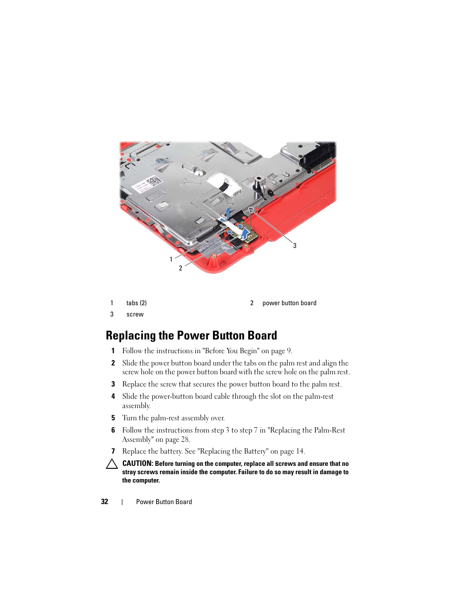 Replacing the power button board, 5 turn the palm-rest assembly over | Dell Inspiron 14 (3420, Mid 2012) User Manual | Page 32 / 78