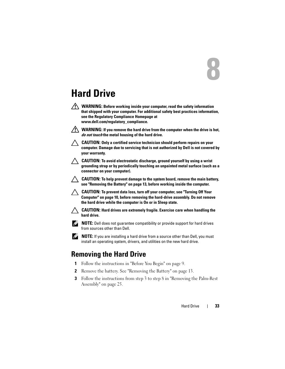 Hard drive, Removing the hard drive | Dell Inspiron 14 (3420, Mid 2012) User Manual | Page 33 / 78